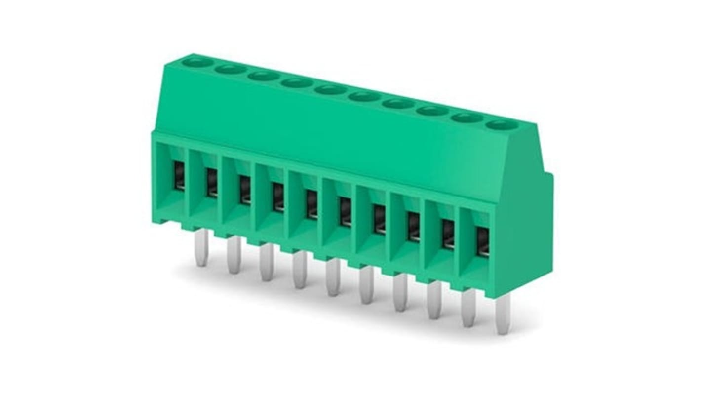 Molex 397730010, morsettiera maschio verticale a 10 vie, passo 2.54mm, corrente 10A, tensione 150V, colore verde.