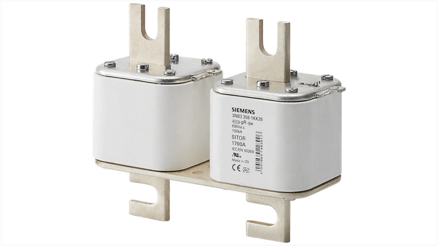Fusibile NH3 Siemens 3NB3351-1KK26, corrente 1.1kA, tensione 690V, fori di fissaggio 110mm, indicatore frontale.