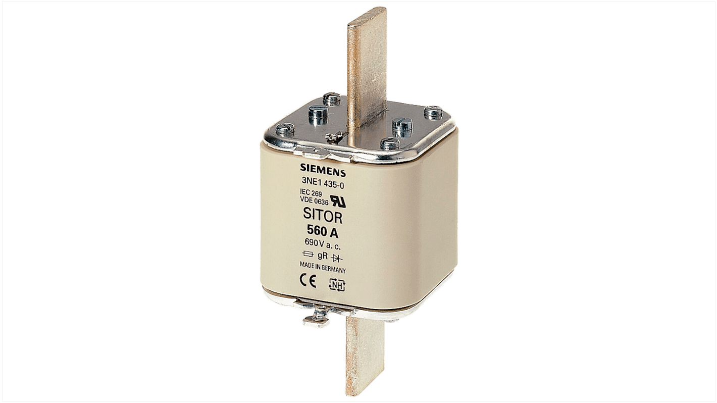 Fusibile NH3 Siemens 3NE1437-2, 710 A, 690 V, con linguette e indicatore frontale, fori di fissaggio 151 mm.