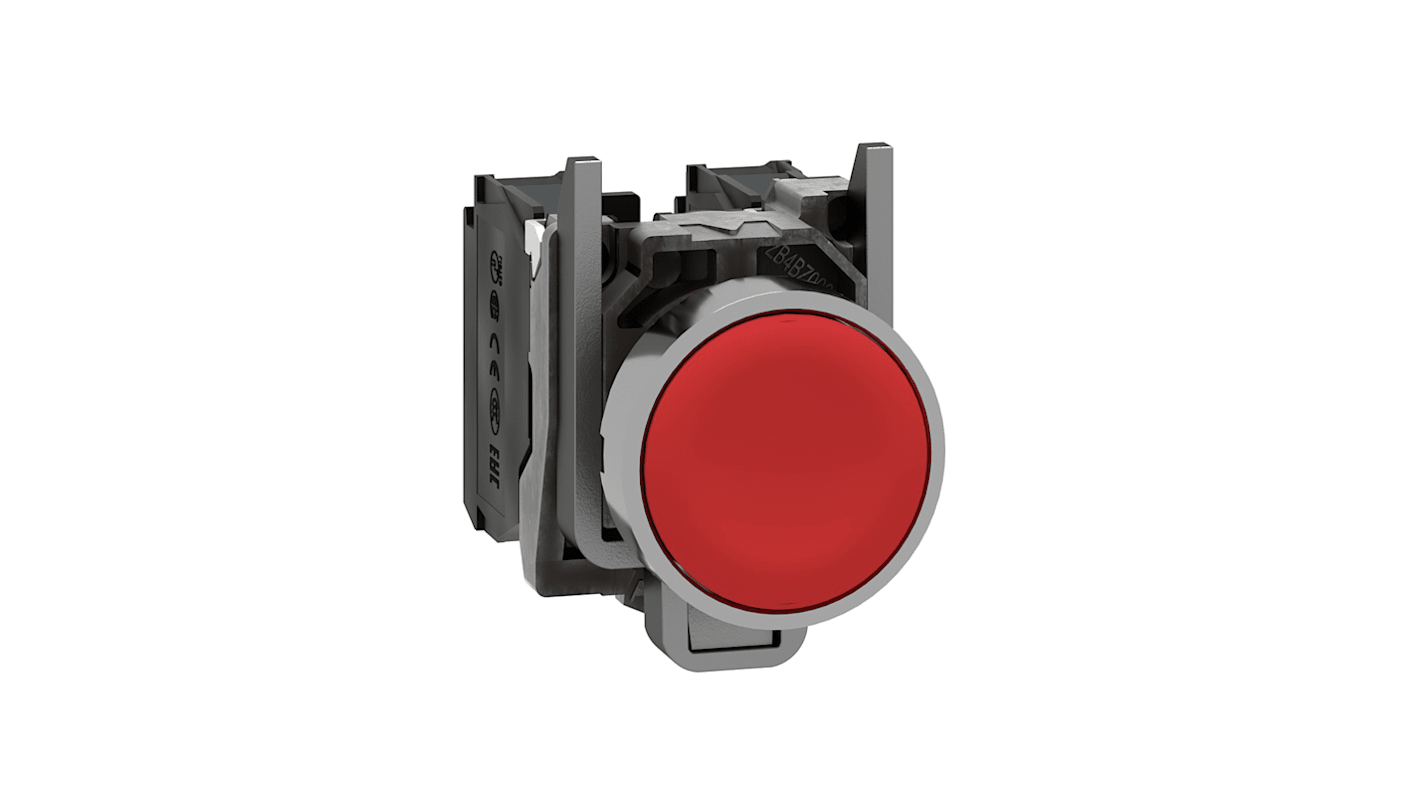Pulsante rosso Schneider Electric XB4BA45, attuazione a molla, diametro di montaggio 22,5 mm, lunetta cromata.