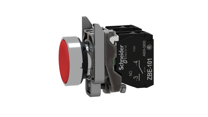 Pulsante rosso Schneider Electric XB4BA45, attuazione a molla, diametro di montaggio 22,5 mm, lunetta cromata.