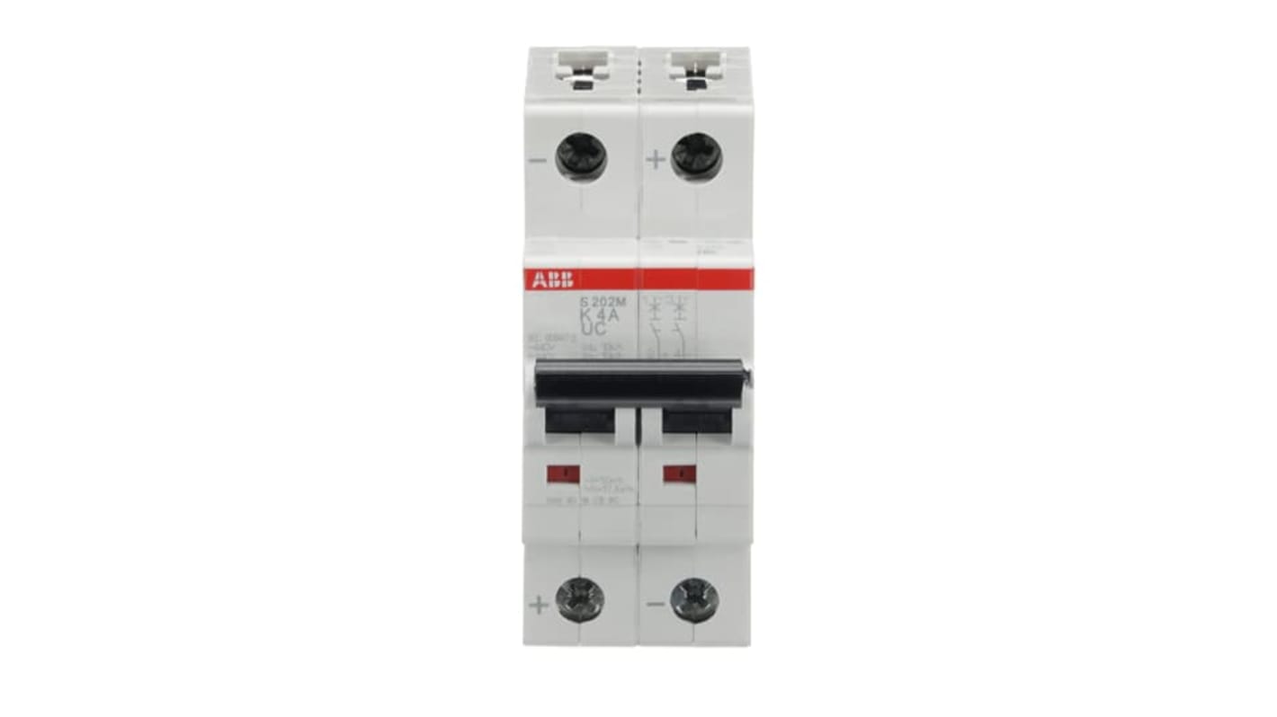 Interruttore automatico ABB Tipo K, 2 poli, 4A, 10 kA, tensione 440V, progettato per installazione e manutenzione efficienti.