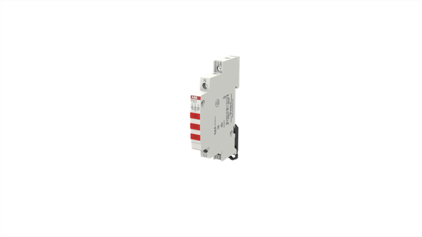 Indicatore LED ABB 2CCA703900R0001 per guida DIN, tensione 230V, doppio LED rosso, protezione IP20, progettato per applicazioni elettriche.
