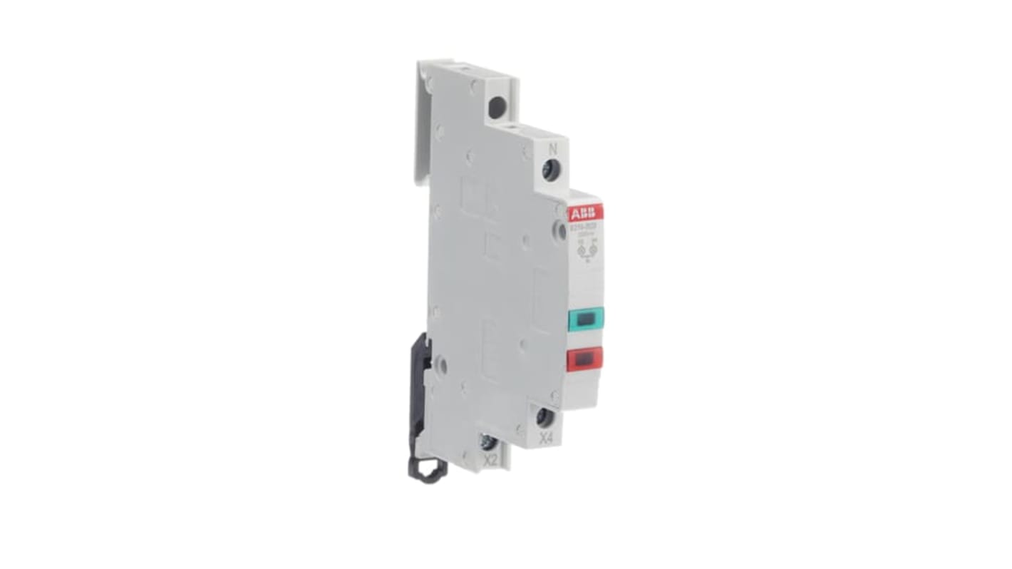 Indicatore LED ABB per guida DIN, tensione 115-230 VAC, colori rosso e verde, durata 50.000 ore, serie E219.