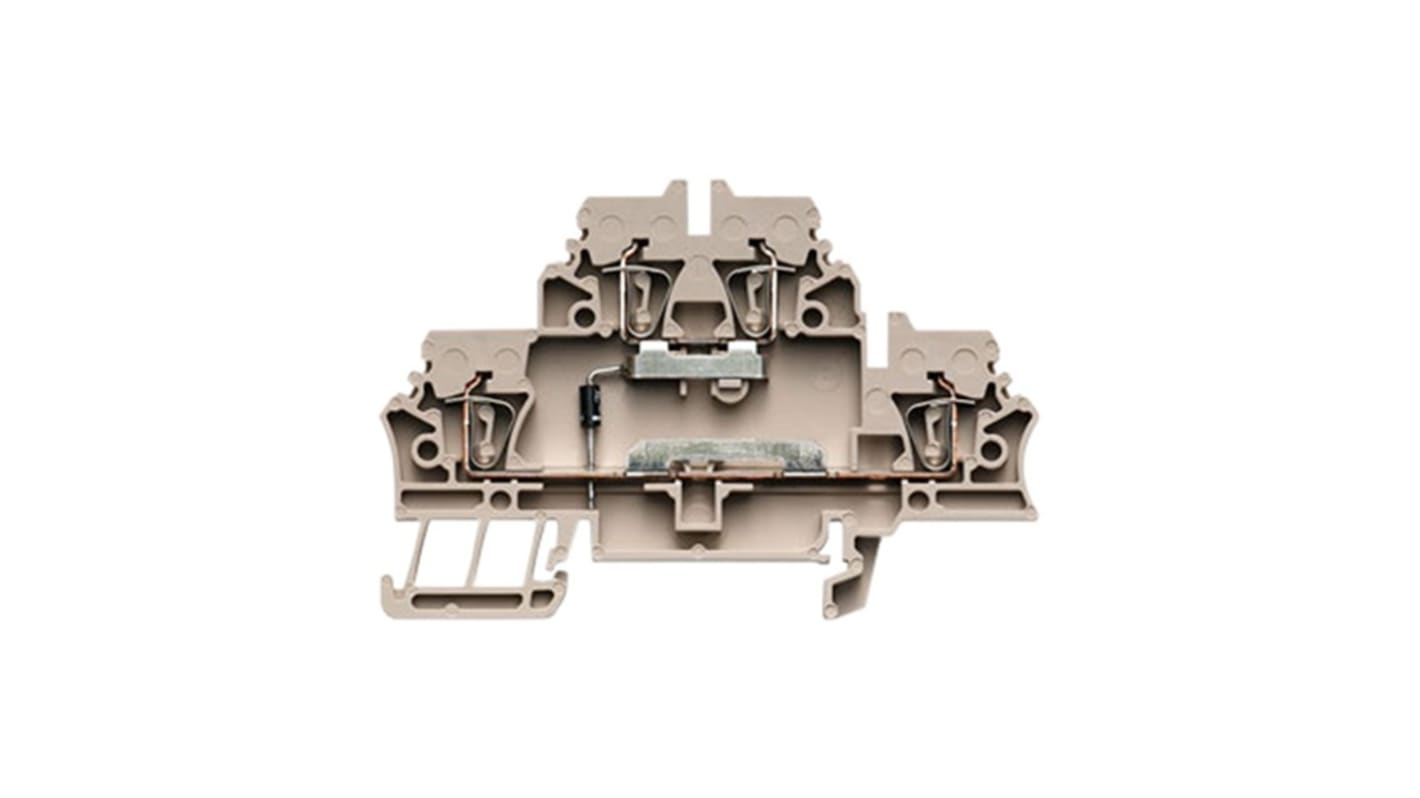 Morsetto per guida DIN Weidmüller 1690020000, beige scuro, doppio livello 2,5 mm² con tecnologia a morsetto di tensione. Certificato CSA e UL per connessioni sicure in ambienti commerciali e industriali.