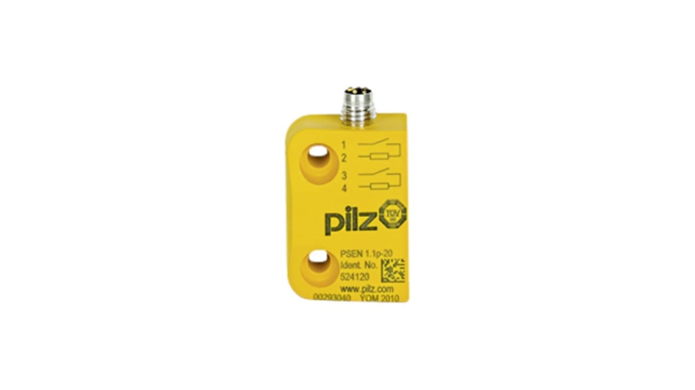 Interruttore di sicurezza Pilz M8 524 Series, design compatto, doppio canale, protezione IP67, dimensioni 37mm x 15mm.