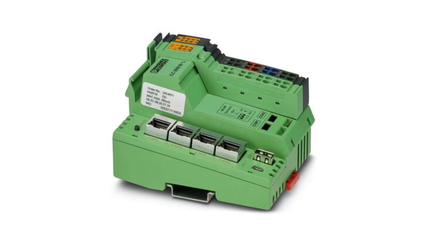 Controllore logico Phoenix Contact 2404671 per automazione industriale, con quattro interfacce LAN e supporto per reti LonMark.