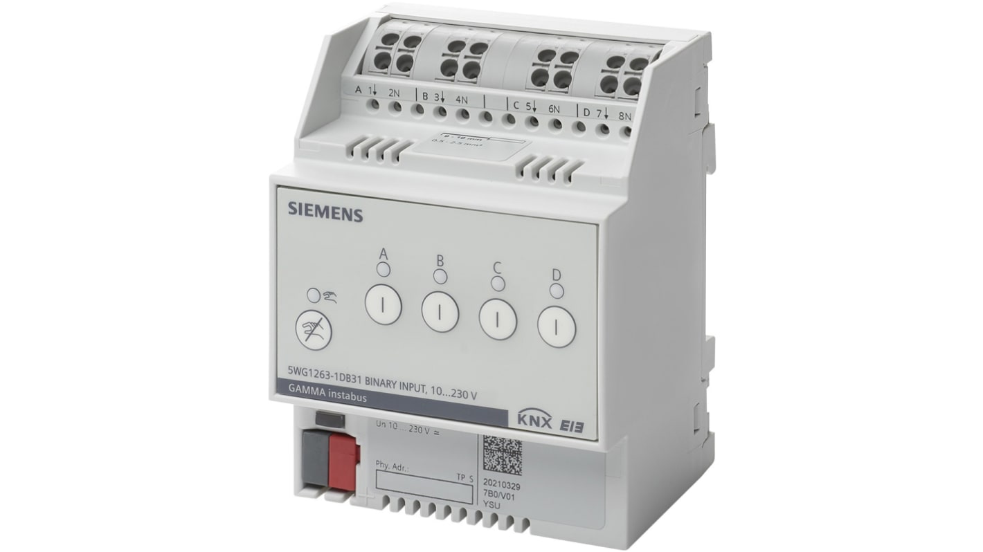 Modulo di ingresso digitale Siemens N 263D31 per sistemi KNX, 4 ingressi AC/DC 10-230 V, montaggio su guida DIN.