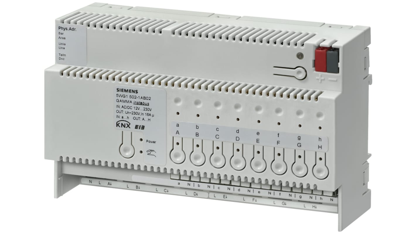 Adattatore Siemens N 502/02 per Gamma Instabus, 8 ingressi AC/DC 12-230V, 8 uscite AC 230V, montaggio su guida DIN.