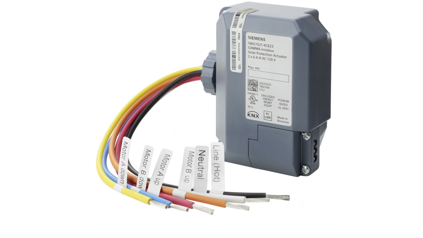 Siemens JB 521C23, attuatore per protezione solare, due uscite relè, alimentazione 24 V CC, montaggio flessibile.