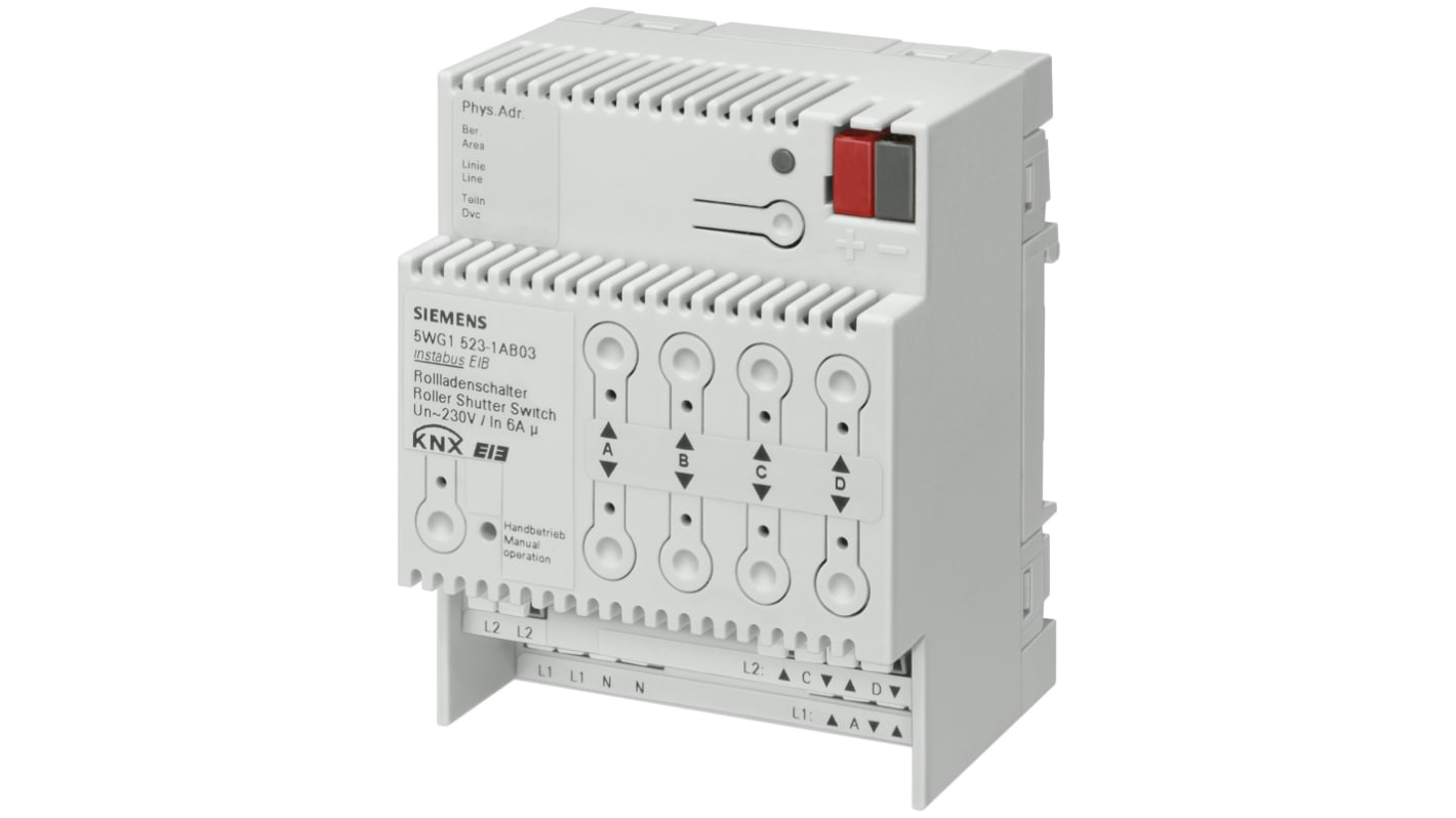 Siemens N 523/03, interruttore per tapparelle a 2 poli, alimentazione 230 V AC, controllo di 4 tapparelle, montaggio su guida DIN.
