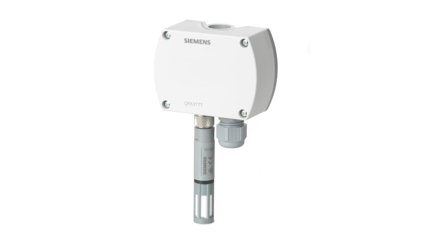 Sensore ambiente Siemens QFA3171, montaggio a parete, misura umidità e temperatura, 24 V AC, 0-10 V DC. Dimensioni 144x80 mm.