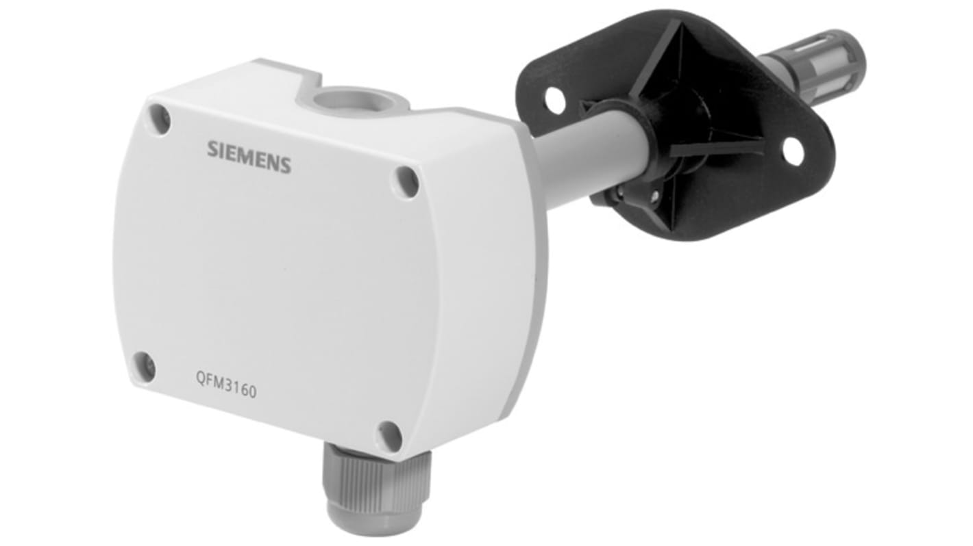 Siemens QFM3160, sensore di condotto per umidità, alimentazione 24 V AC, montaggio a flangia, dimensioni 88x80 mm.