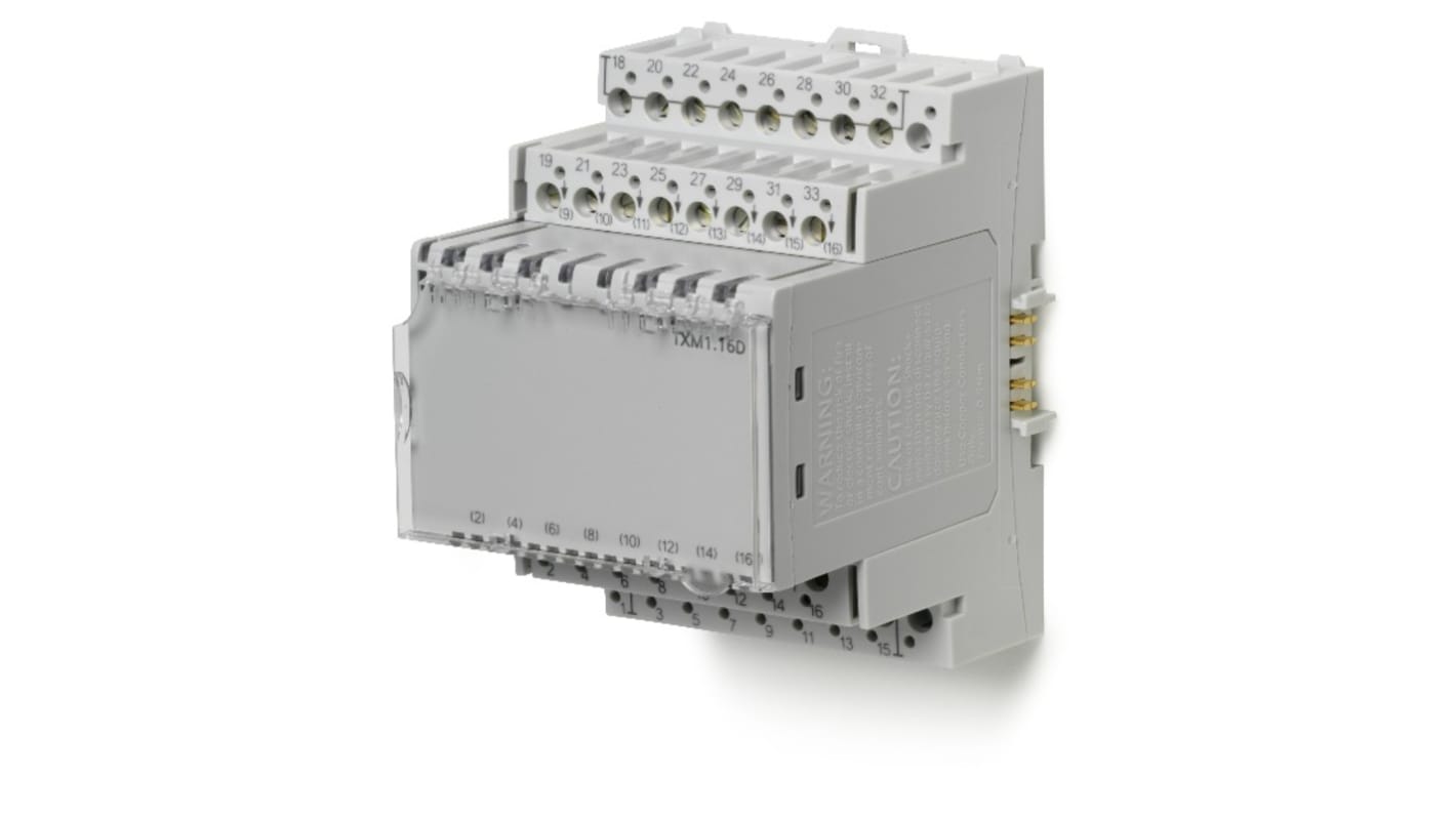 Modulo di ingresso digitale Siemens TXM1.16D, 16 ingressi configurabili, alimentazione 24 V c.c., formato DIN compatto.