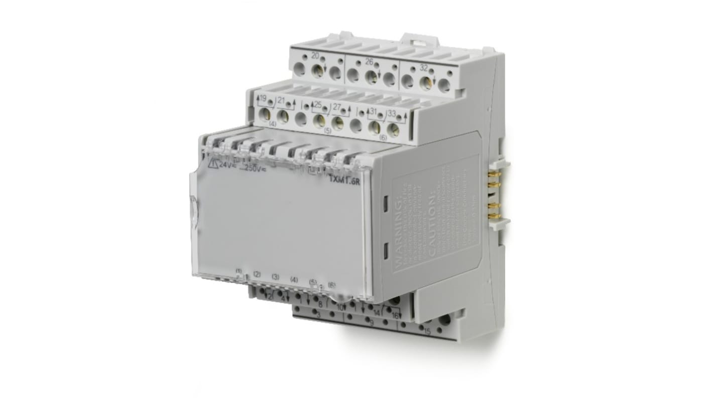 Modulo relè Siemens TXM1.6R per guida DIN, sei uscite a relè senza tensione, compatto e con indicatori LED di stato.