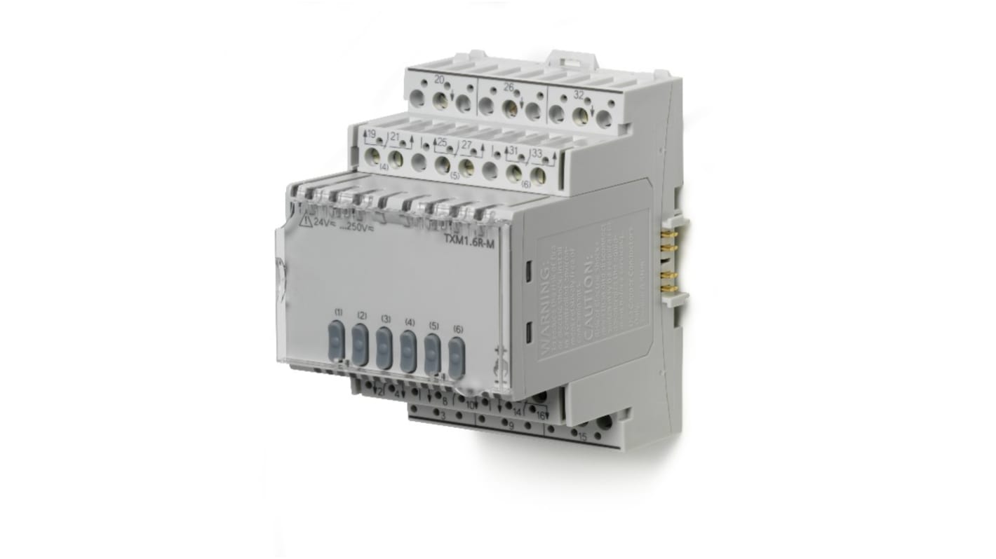 Modulo relè Siemens TXM1.6R-M per guida DIN, 6 uscite a relè, alimentazione 24 V c.c., LED di stato, compatto e modulare.