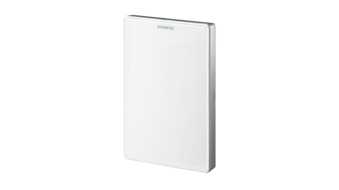 Sensore di temperatura e umidità Siemens QMX3.P40, design bianco, display LCD, dimensioni 133.4 x 88.4 mm.