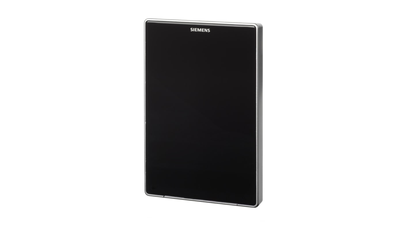 Sensore di temperatura e umidità Siemens QMX3.P40-1BSC, design elegante, display LCD, installazione su scatola 2x4 pollici.
