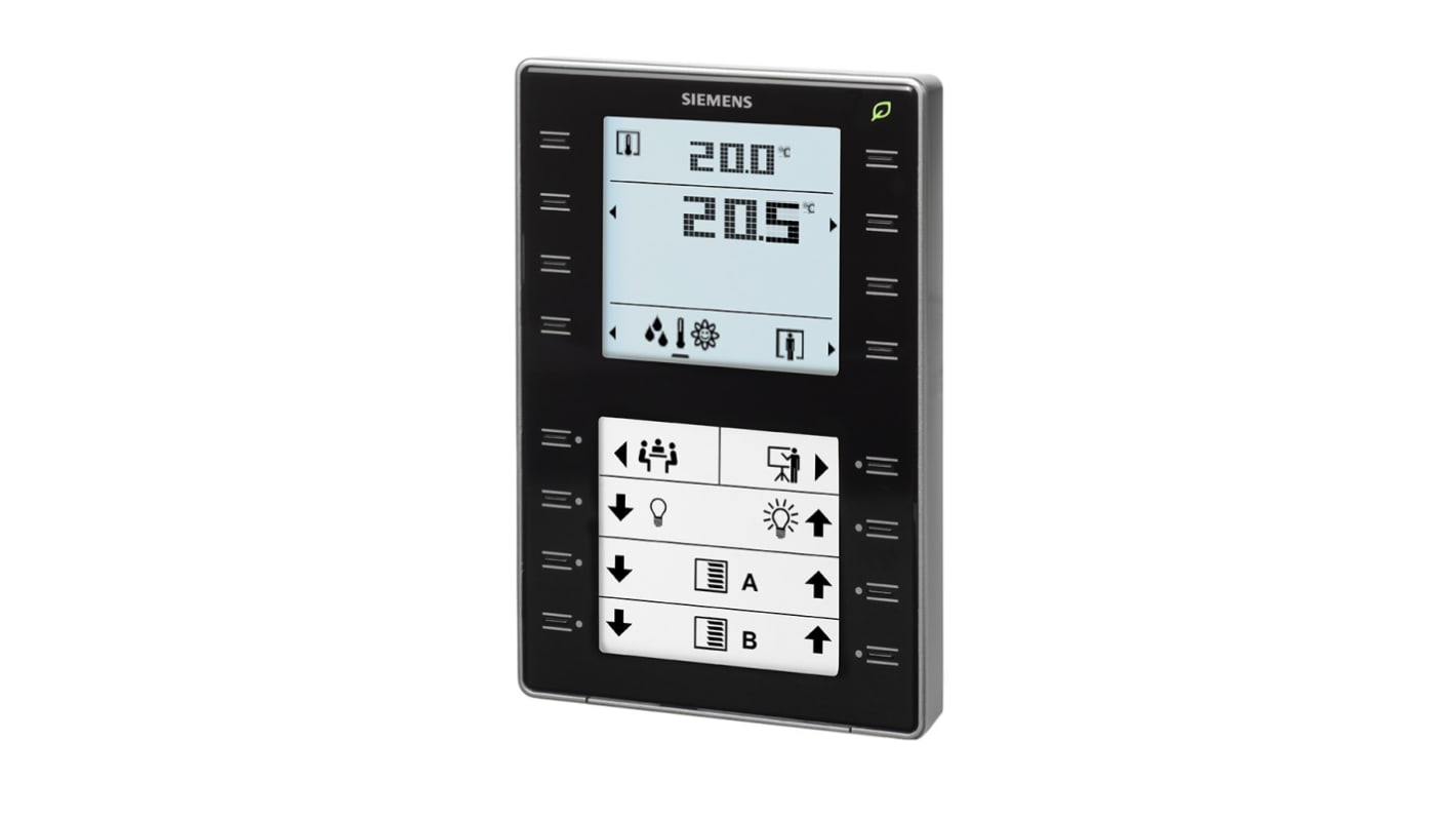 Sensore ambiente Siemens QMX3.P37-1BSC, design elegante, display LCD retroilluminato, dimensioni 133.4mm x 88.4mm.