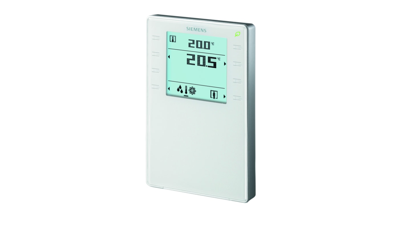 Sensore di temperatura e umidità Siemens QMX3.P44, con display LCD e tasti a sfioramento, dimensioni 133.4 x 88.4 mm.