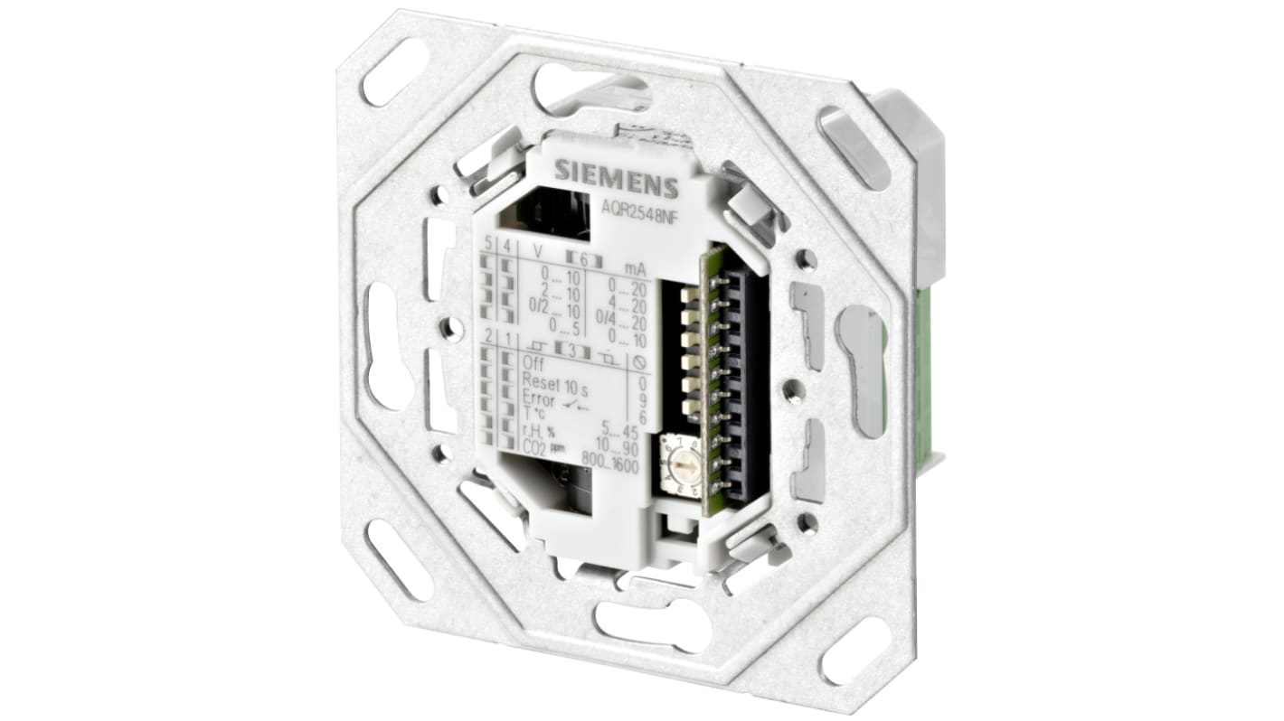 Sensore ambiente Siemens AQR2548NF, rilevamento CO e VOC, montaggio a filo, dimensioni 70.8mm x 70.8mm.