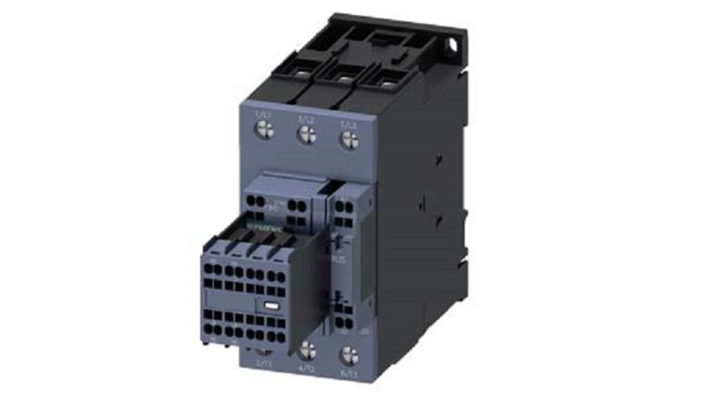Contattore Siemens 3RT2036-3AF04, 3 poli, 51 A, 22 kW a 400 V, tensione bobina 110 V c.a., grado di protezione IP20.