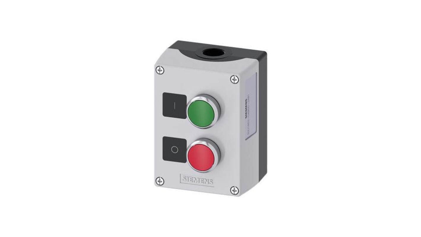 Contenitore stazione di controllo Siemens, Ø 22mm, plastica grigia, pulsanti Stop e Start, protezione IP66/IP67.
