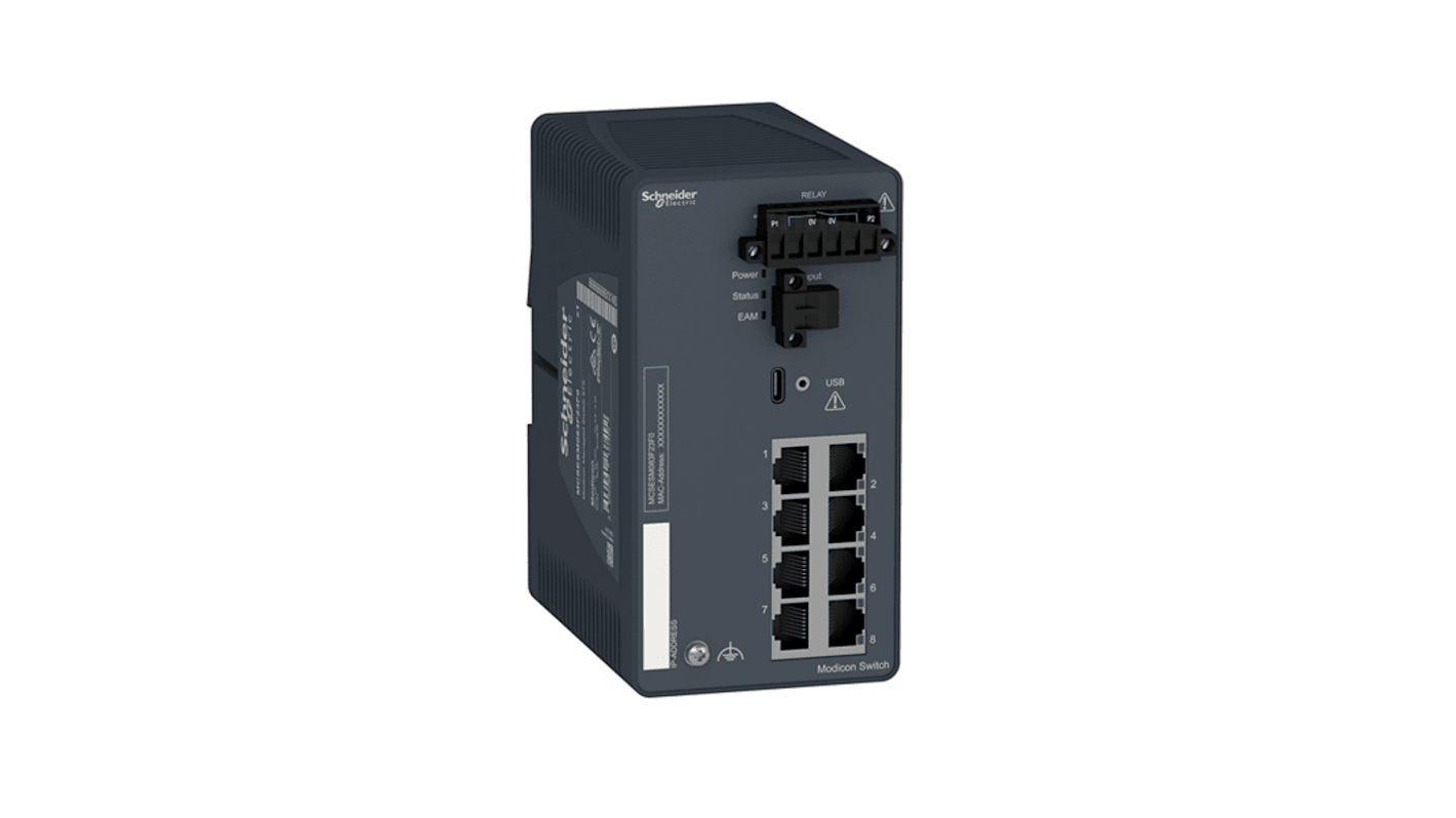 Gateway IoT Modicon Schneider Electric MCSESM083F23F0, switch gestito 8 porte RJ45, funzioni di cybersecurity avanzate.