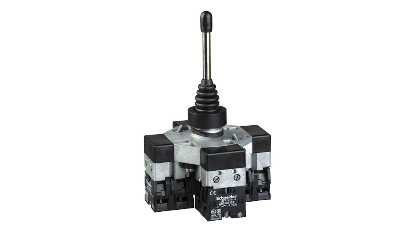 Joystick Schneider Electric con ritorno a molla, montaggio da 22 mm, protezione IP66, funzionamento a 4 direzioni.