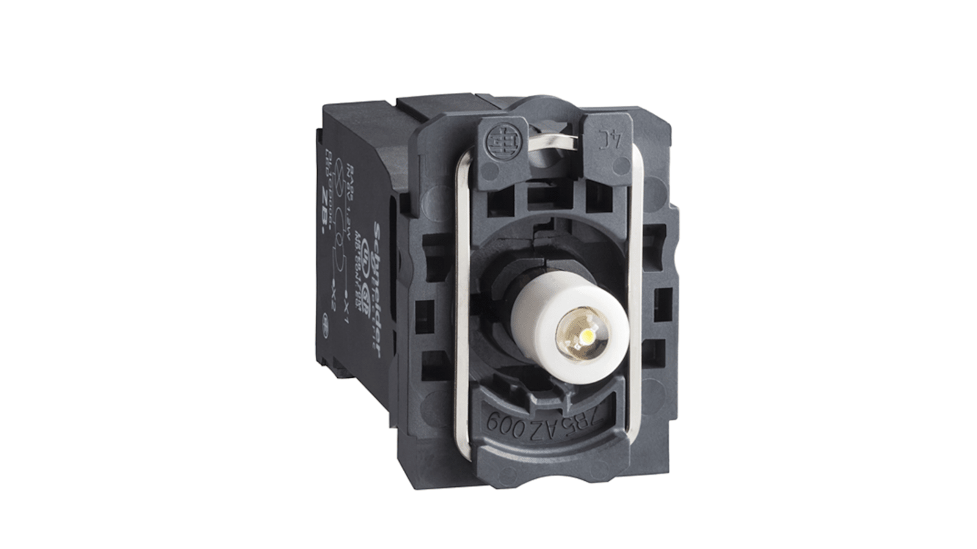 Blocco luminoso Schneider Electric ZB5AV5D1, LED BA9s, 400 V CA, design compatto con collare di fissaggio per installazione semplice.