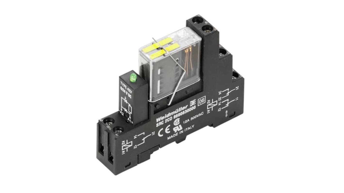 Weidmüller Relè di potenza DPDT per guida DIN, 24V cc, 2 contatti CO da 6 A, copertura diagnostica 99%.