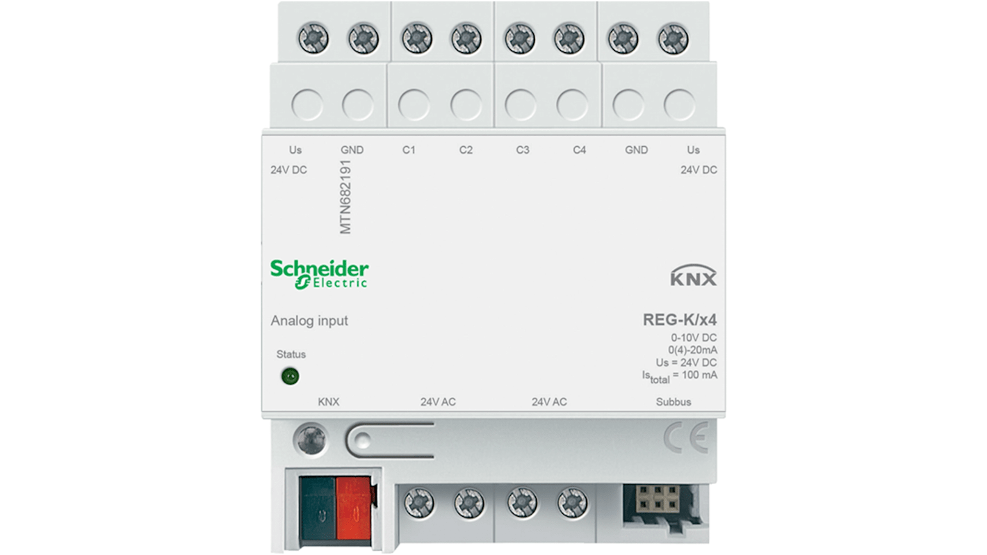 Schneider Electric MTN682191, modulo di ingresso analogico KNX con quattro ingressi, montaggio su guida DIN, protezione IP20.