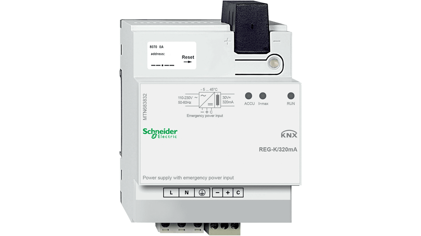 Alimentatore KNX Schneider Electric MTN683832, 4 moduli da 18 mm, montaggio su guida DIN, con ingresso di emergenza e LED di segnalazione.
