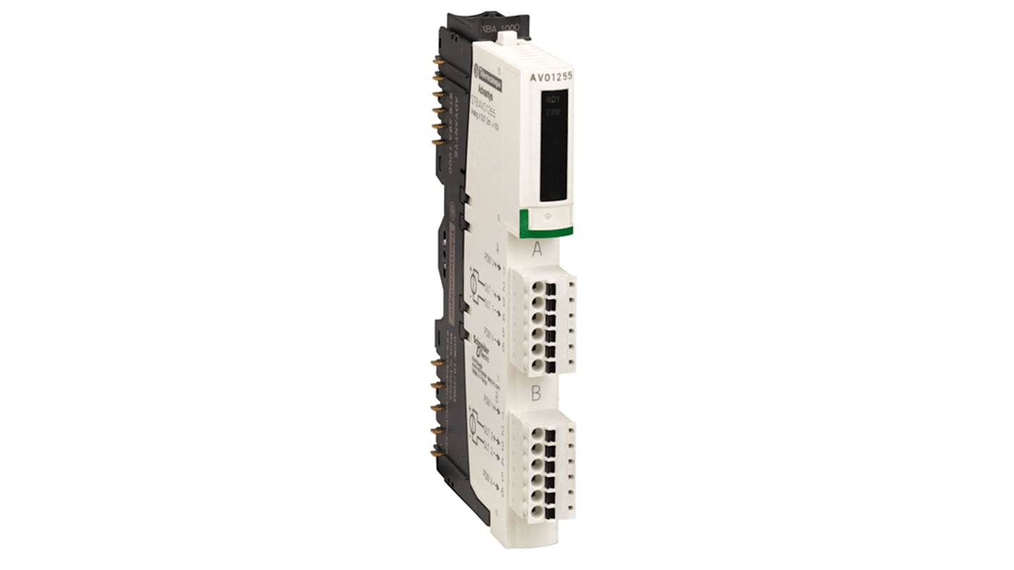 Modulo di uscita analogico Schneider Electric STBAVO1255K, tensione 0-10 V, risoluzione 10 bit, alimentazione 24 V.