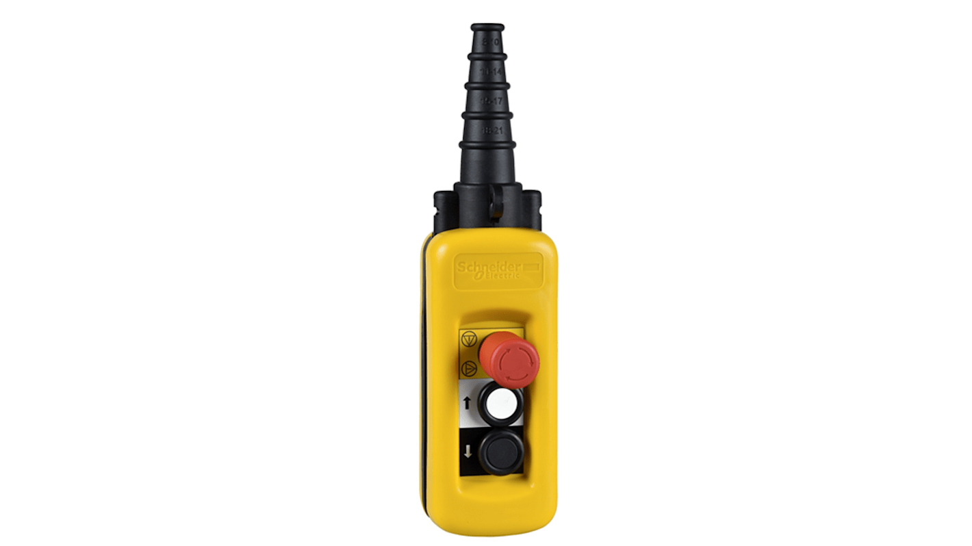 Interruttore pensile Schneider Electric XACA28131, 2 NO + 2 NC, IP65, design giallo, per controllo motori di sollevamento.