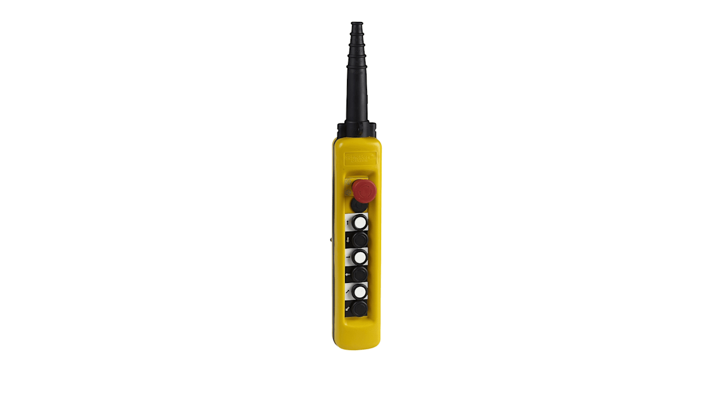 Interruttore pensile SPDT Schneider Electric XACA6812, con 6 pulsanti e arresto di emergenza, protezione IP65, per motori di sollevamento.