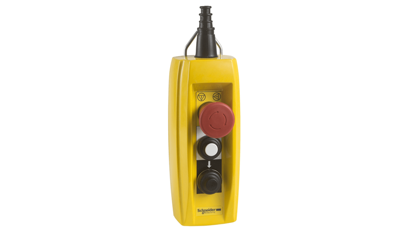 Interruttore pensile Schneider Electric XACB2201, con 2 pulsanti e arresto di emergenza, grado di protezione IP65, per motori di sollevamento.