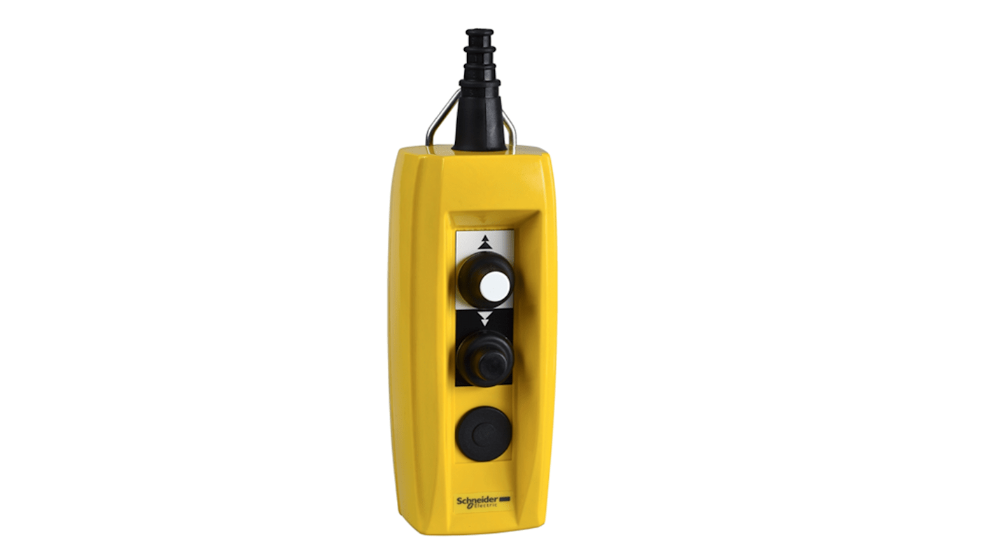 Interruttore pensile Schneider Electric XACB229 per motori di sollevamento a 2 velocità, con 2 pulsanti e grado di protezione IP65.