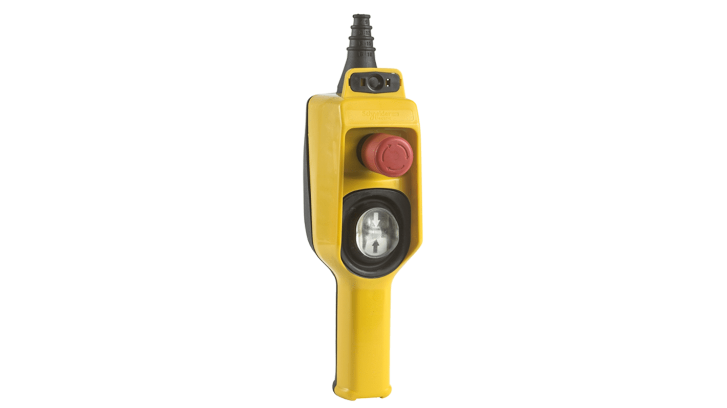Interruttore pensile SPDT Schneider Electric XACD22A1241, colore giallo, grado di protezione IP65, per controllo motori a 2 velocità.