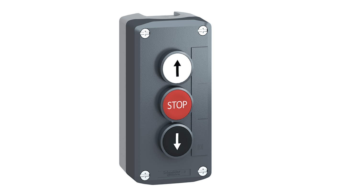Interruttore stazione di controllo Schneider Electric XALD326, con tre pulsanti a filo e protezione IP66/IP69K, attuazione a molla.