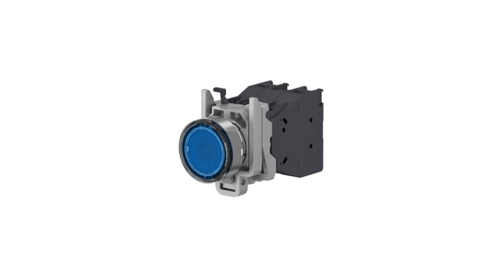 Pulsante luminoso a ritorno a molla Schneider Electric, IP66, montaggio a pannello, diametro 22.5mm, LED blu, 1NO, codice XB4BP683BM5GEX.