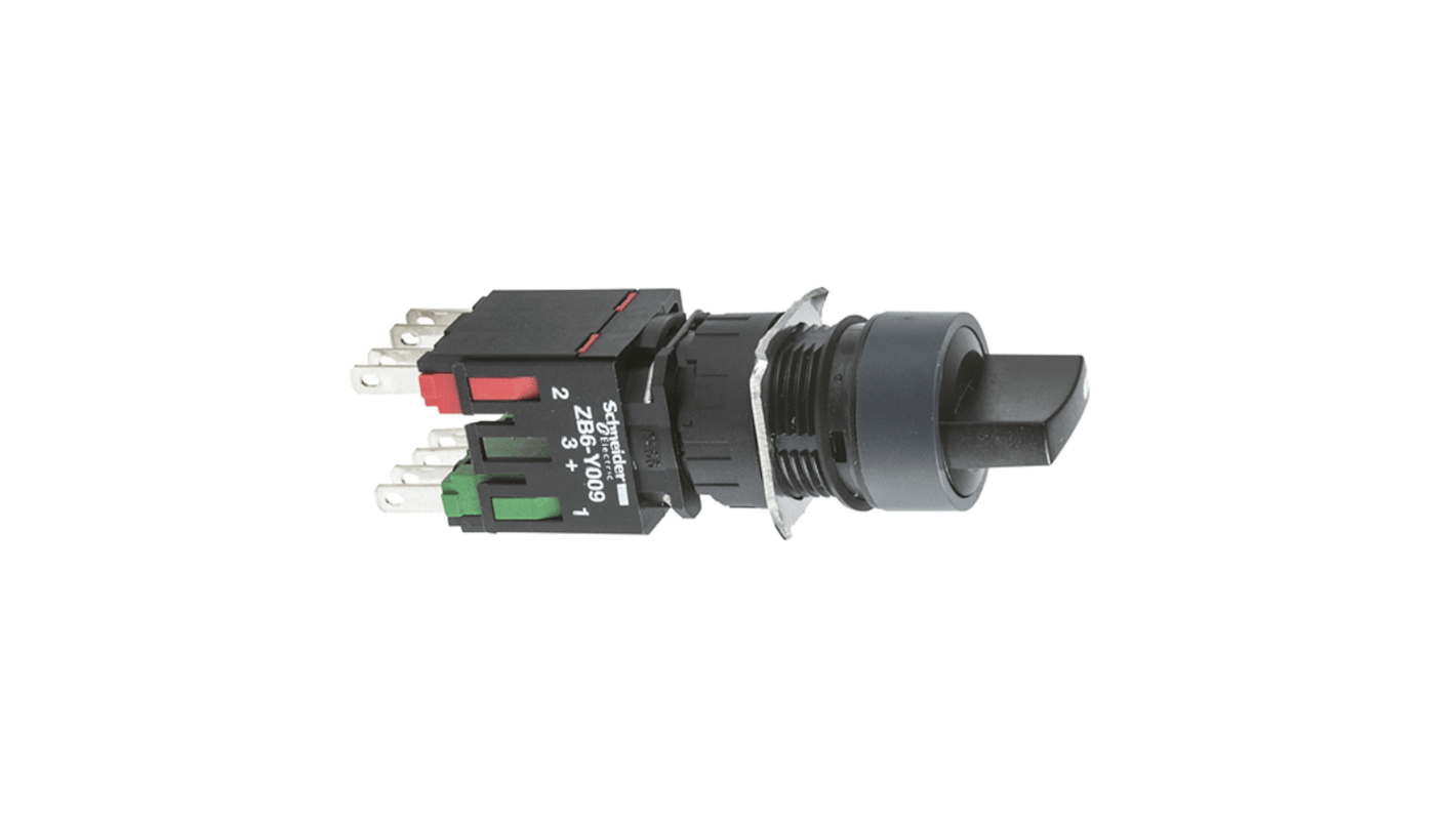 Pulsante girevole nero Schneider Electric XB6AD225B, selettore a due posizioni, diametro 16mm, grado di protezione IP65.
