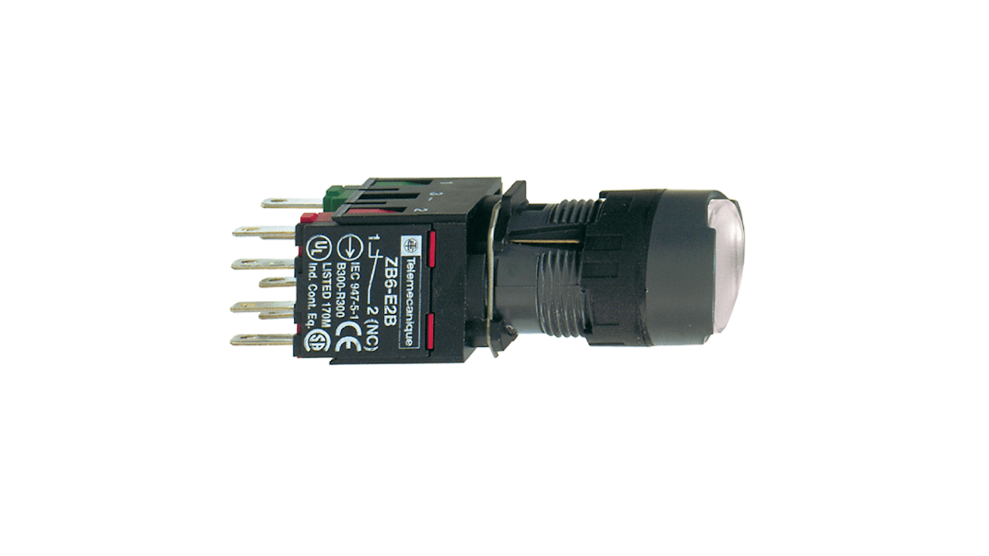 Pulsante luminoso B Schneider Electric XB6AF1B5B, design bianco, attuazione a pulsante, LED integrato, installazione rapida con connettori Faston.