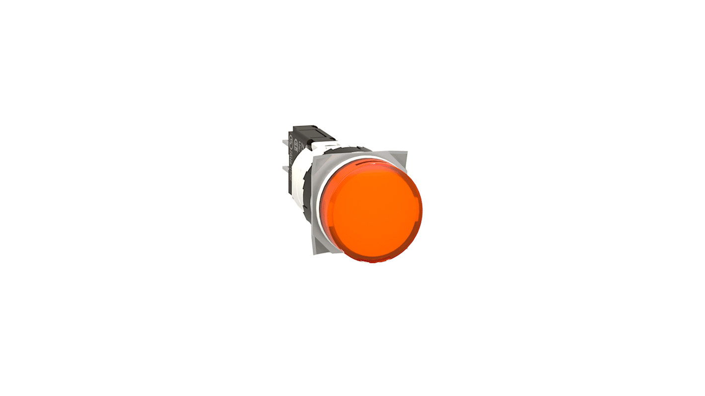 Pulsante tondo Schneider Electric XB6AV5BB, diametro 16 mm, LED giallo, IP65, 12-24 V CA/CC, per applicazioni industriali.