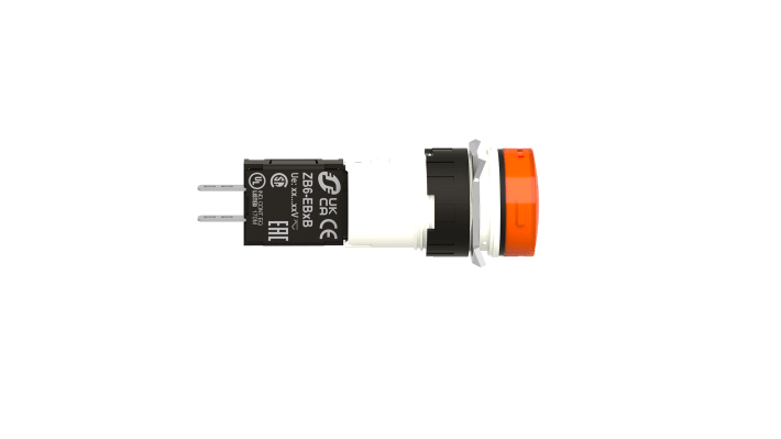Pulsante tondo Schneider Electric XB6AV5BB, diametro 16 mm, LED giallo, IP65, 12-24 V CA/CC, per applicazioni industriali.