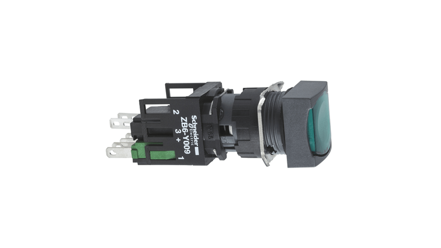 Pulsante luminoso quadrato Schneider Electric XB6, verde, 16 mm, 1NO + 1NC, IP65, attuazione a molla, LED.