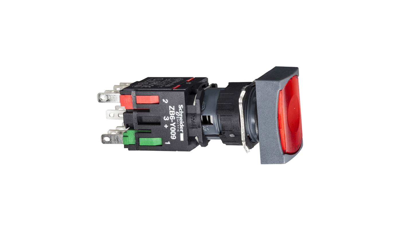 Pulsante luminoso Schneider Electric XB6DW4B5B, diametro 16 mm, rosso, attuazione a molla, IP65, design rettangolare.