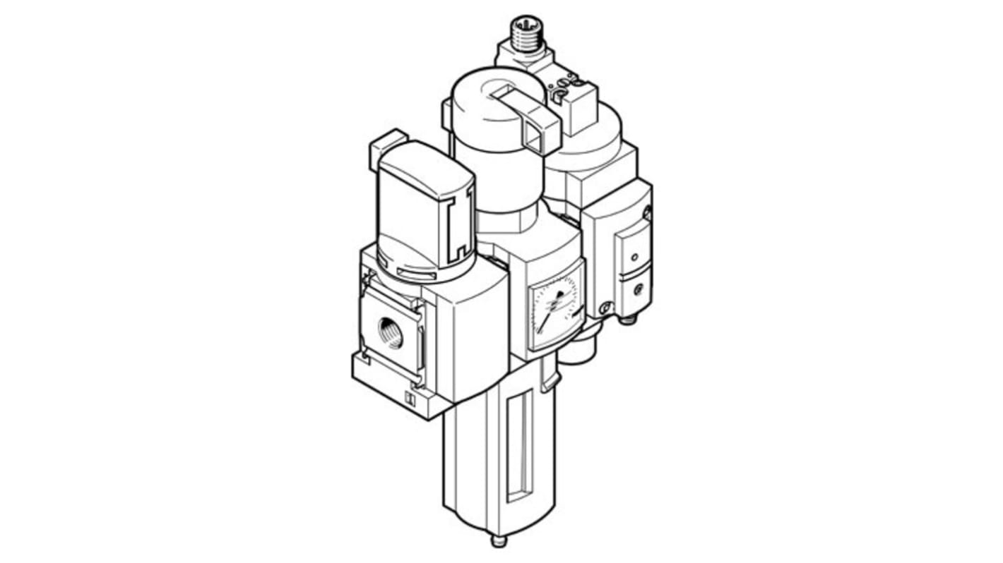 Festo MSB4-1/4:C3:J120:D14-WP, gruppo FRL con attacco G 1/4, scarico manuale e filtrazione 40 μm, montaggio verticale.