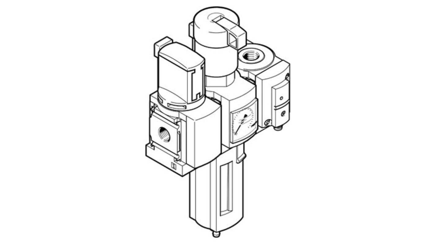 Festo MSB4-1/4:C3:J120:F12-WP, gruppo FRL con attacco G 1/4, scarico manuale e filtrazione 40 μm, montaggio verticale.