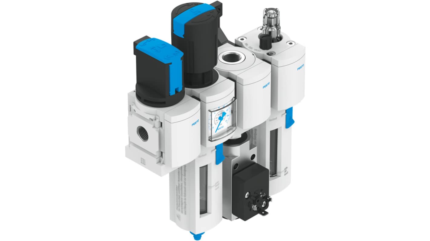 Gruppo FRL Festo MSB4-1/4:C3J1F3M1-WP, attacco G 1/4, filtrazione 40 μm, manometro integrato, montaggio verticale.